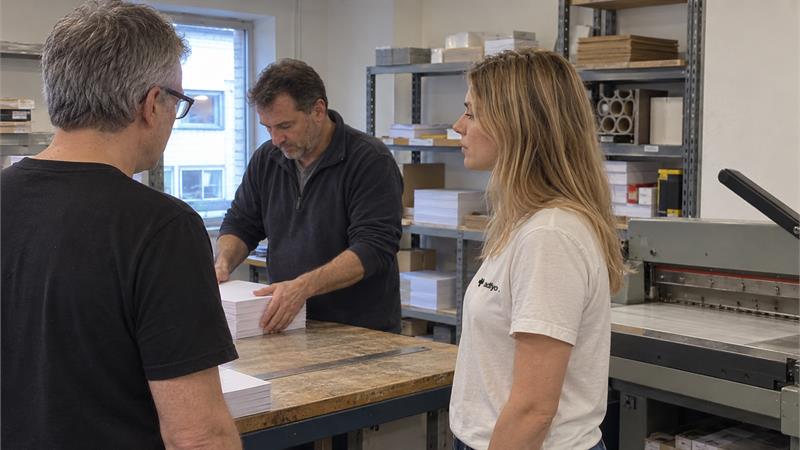 The Adfyo crew discussing printed materials with a print shop owner